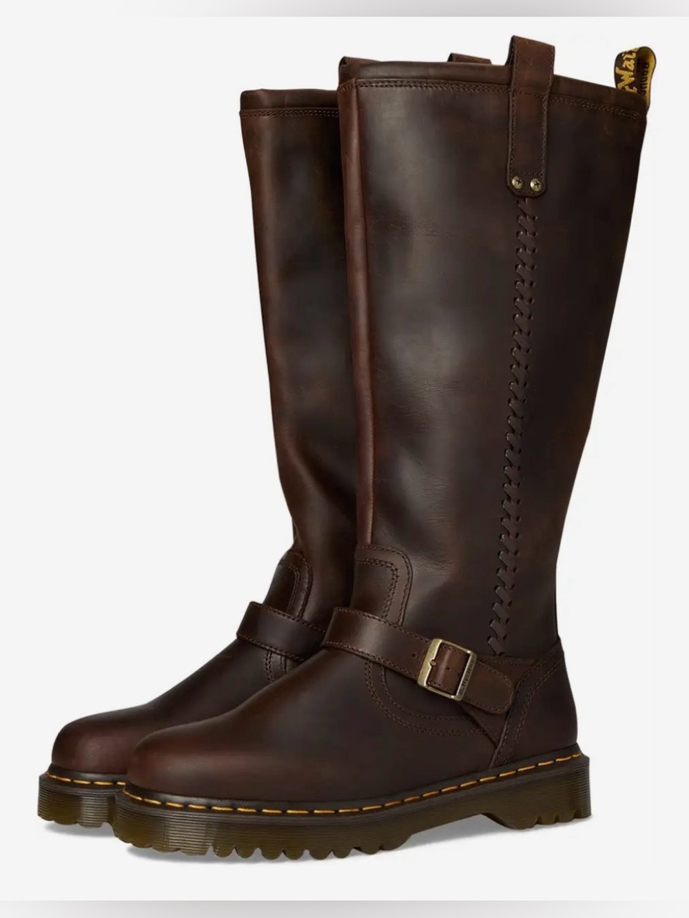 Dr. Martens Anistone Brown Leather Knee High Biker Boots, US 8 Womens, 7 Men New